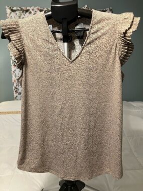 Adrianna Papell Ruffle Sleeve Blouse Medium Tan Black Print V-Neck Top